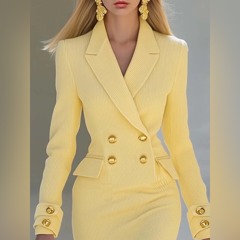 Elegant and Simple V-neck Light Yellow Knitted Midi Dress - Picture 2 of 4